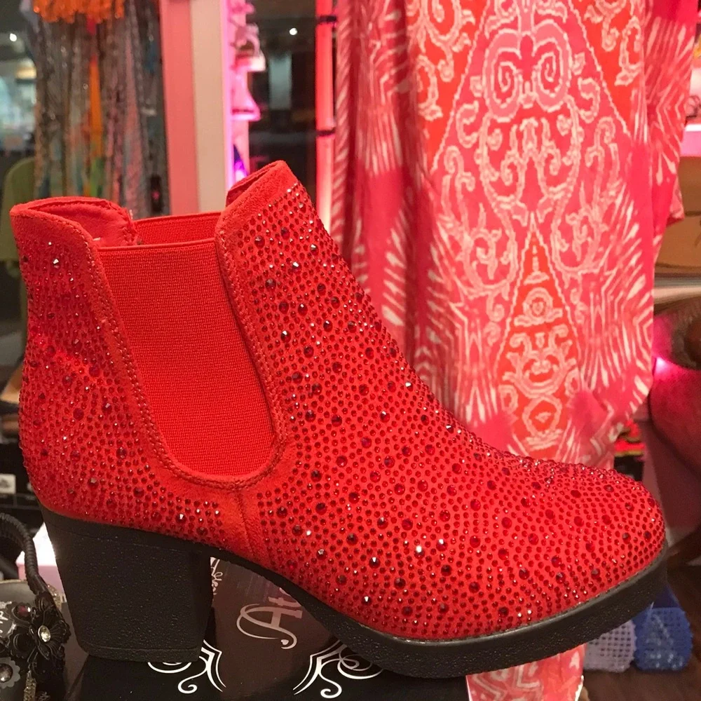 3 Left! Metallic Red Rhinestone Embellished Slip On Chelsea Heeled Booties